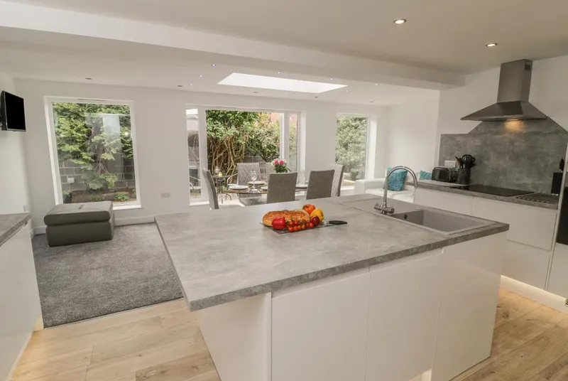 Abbey View open-plan kitchen-diner with skylight and garden views