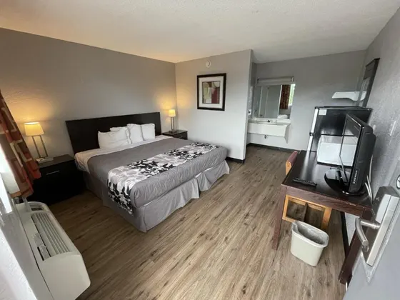 Hotel room with a large bed and wood laminate flooring