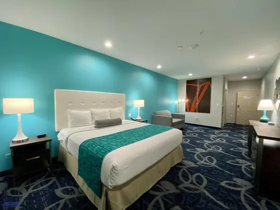 Turquoise-wall room with a tufted headboard and teal runner