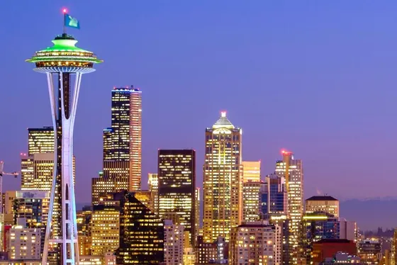 City skyline with the space needle at night at Astra Hotel, Seattle, a Tribute Portfolio Hotel