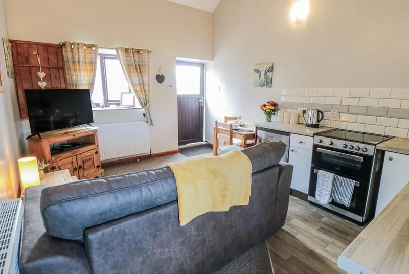 Carters open-plan living room with blue sofa and heart details