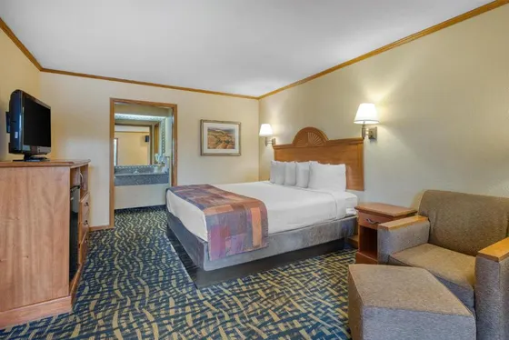 Hotel room with a bed and a chair