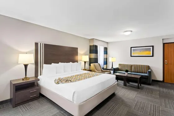 Hotel room with a large white bed and a chair