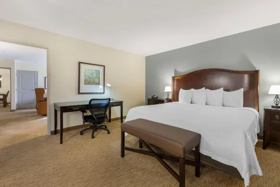 Hotel room with a large bed and a desk