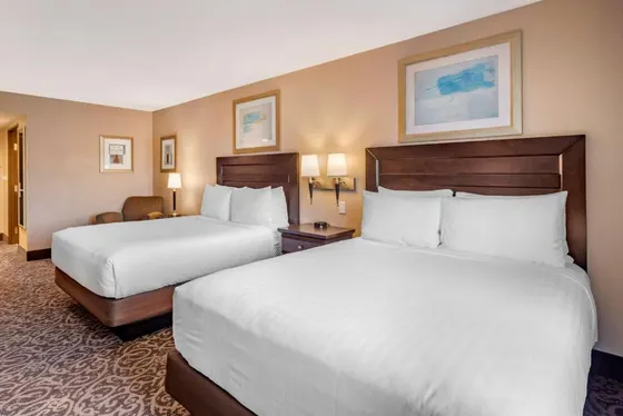Two beds in a hotel room with white pillows