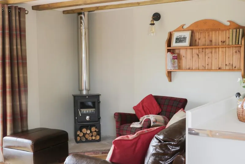 Bicton Lodge snug with red chairs and wood burner