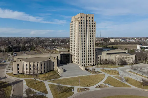 Aerial view of the North Dakota State Capitol and Bismarck