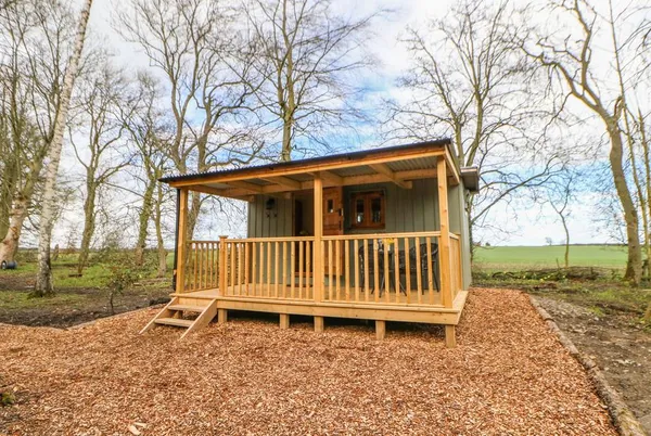 Bracken Fern cabin exterior with covered veranda in woodland