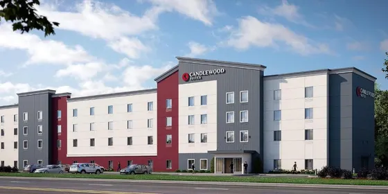 Large white building with a red and white