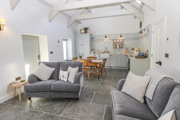 Catamouse vaulted living room with grey sofas and farmhouse kitchen