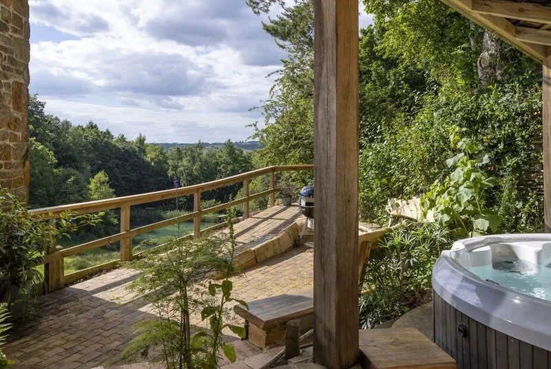 Chestnut, Swerford private hot tub on the terrace with valley view