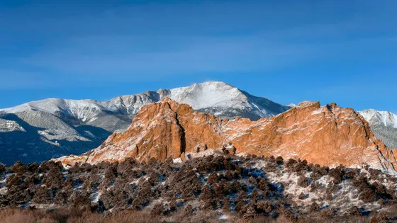 Garden of the Gods red rocks and snowy Pikes Peak