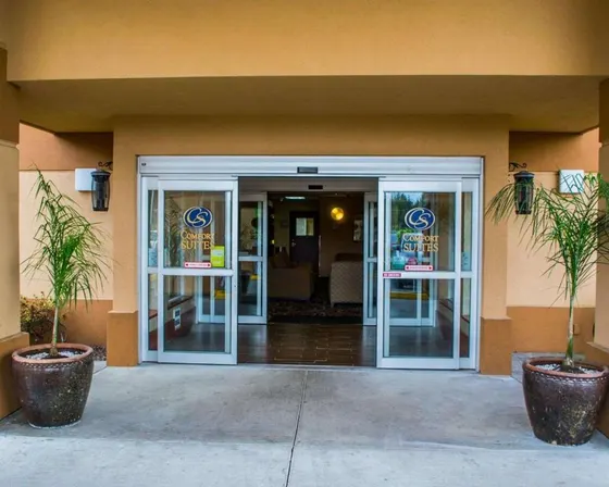 Entrance to a building with sliding glass doors
