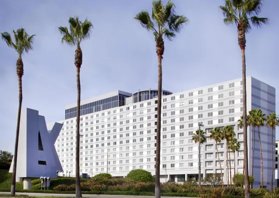 Hotel with palm trees in front of it
