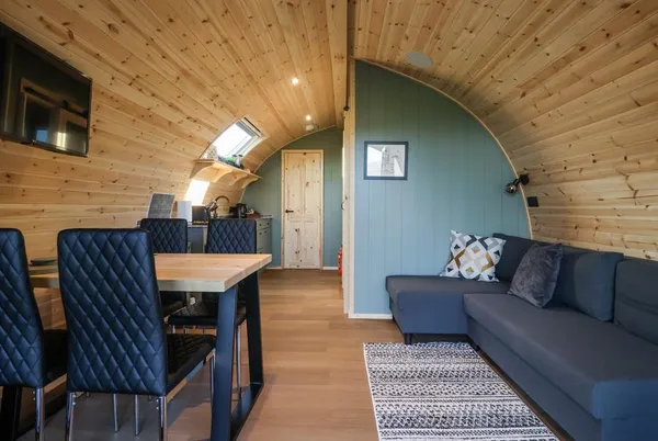 Curlew open-plan pod interior with sage green wall and timber ceiling