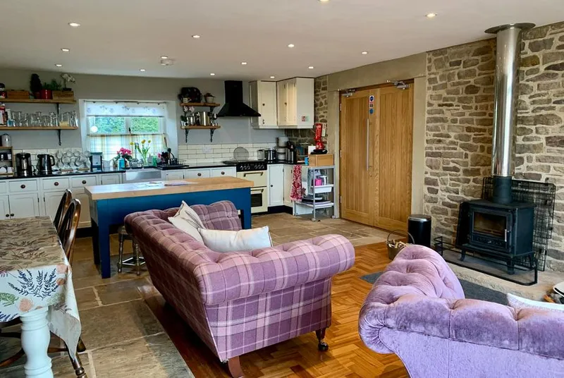 Cuthbert Hill Farm open kitchen and living space with farmhouse table