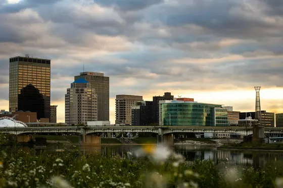 Dayton skyline across the river at dusk