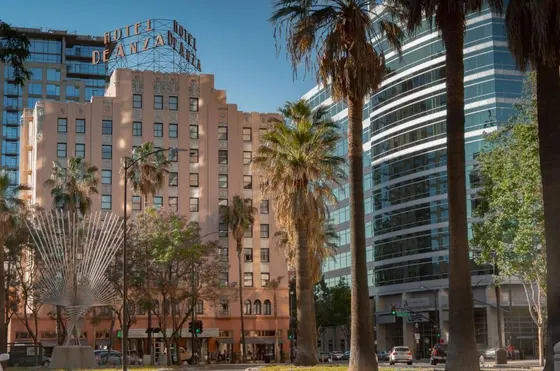Large building with palm trees in front of it