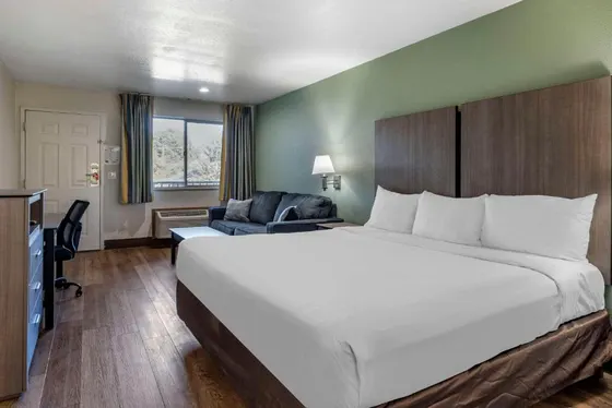 Hotel room with a large bed and a chair