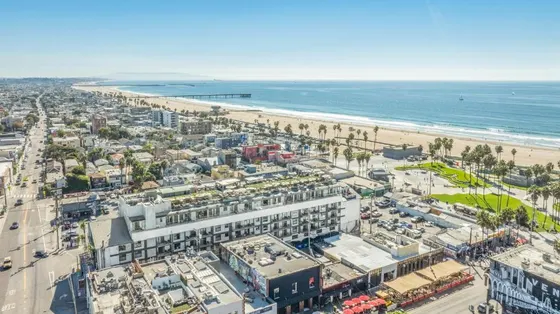 Aerial view of a city and the beach