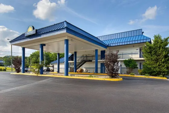 Gas station with a blue roof