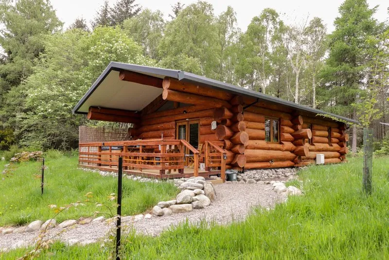 Heron Lodge log cabin exterior in a woodland clearing