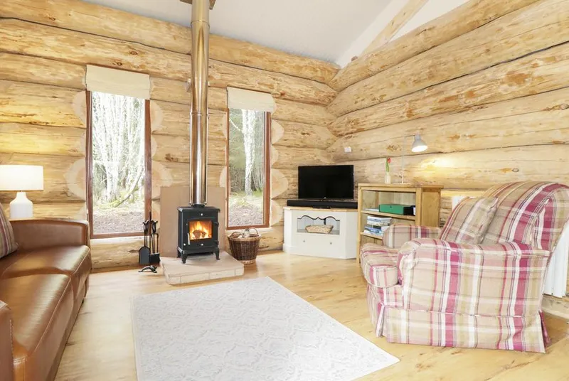 Heron Lodge log lounge with stove and checked armchair
