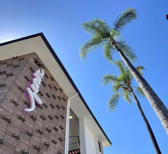 Building with a dinosaur sign on it next to a palm tree