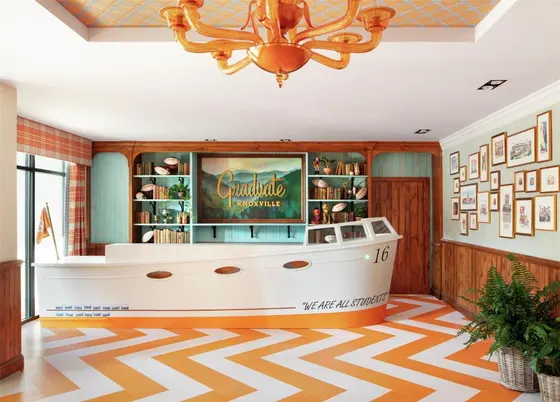 Lobby with a seafood restaurant with a chandelier
