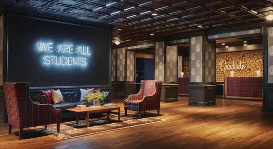 Lobby with plaid chairs and a We Are All Students sign