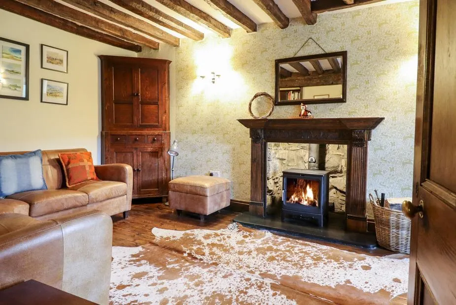 Gwengraig rustic lounge with fireplace and beams