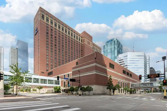 Red-brick Hilton on a downtown corner