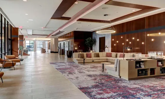Lobby with a cream sofa, patterned rug, and ring chandelier