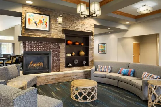 Living room with couches and a fireplace