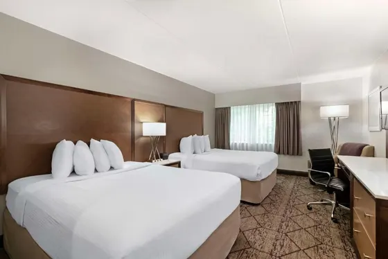Hotel room with two beds and a desk