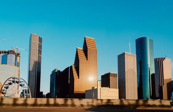 Houston skyline with Heritage Plaza in sunlight