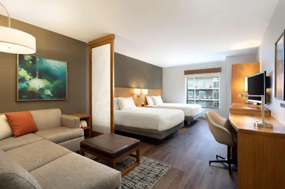 Two beds, a gray sofa, and a frosted glass partition