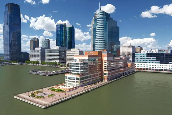 Aerial view of a city with tall buildings