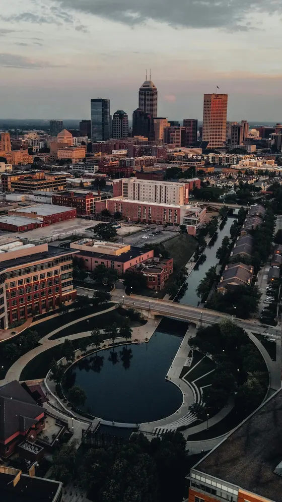Indianapolis skyline and canal at dusk