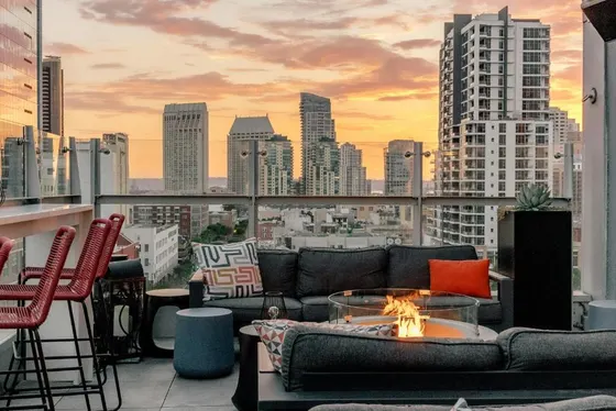 Balcony with a view of a city skyline