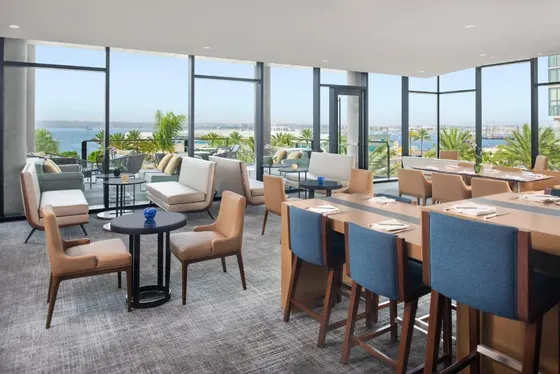 Restaurant with tables and chairs and windows