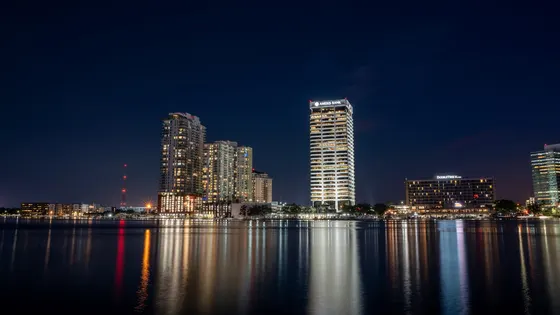 Jacksonville waterfront skyline reflected in the river at night