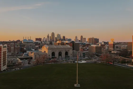 Kansas City skyline beyond Union Station at sunset