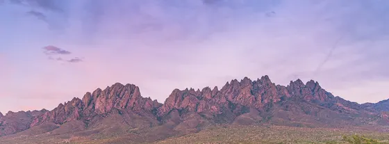Jagged Organ Mountains under a purple twilight sky