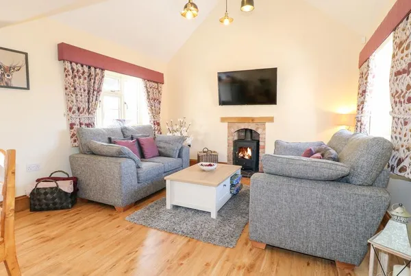 Little Gem living room with lit wood burner and vaulted ceiling