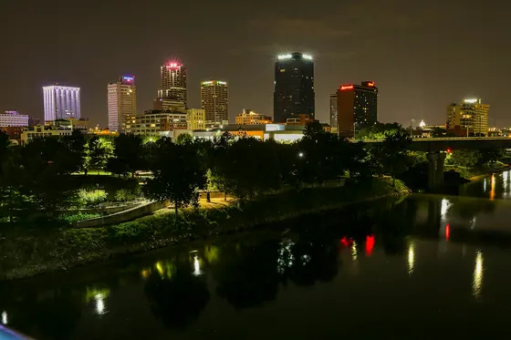 Downtown Little Rock lights reflected in the Arkansas River at night