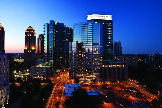 View of a city at night with buildings