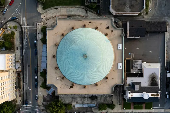 Aerial view of the Macon City Auditorium dome and surrounding streets