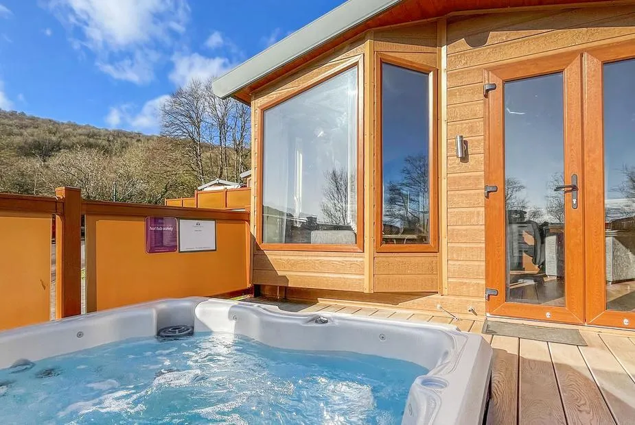 Mendip Premier 2 hot tub on private deck with Mendip hillside views