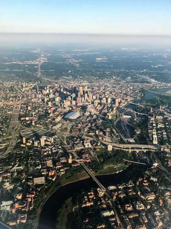 Aerial downtown Minneapolis with U.S. Bank Stadium